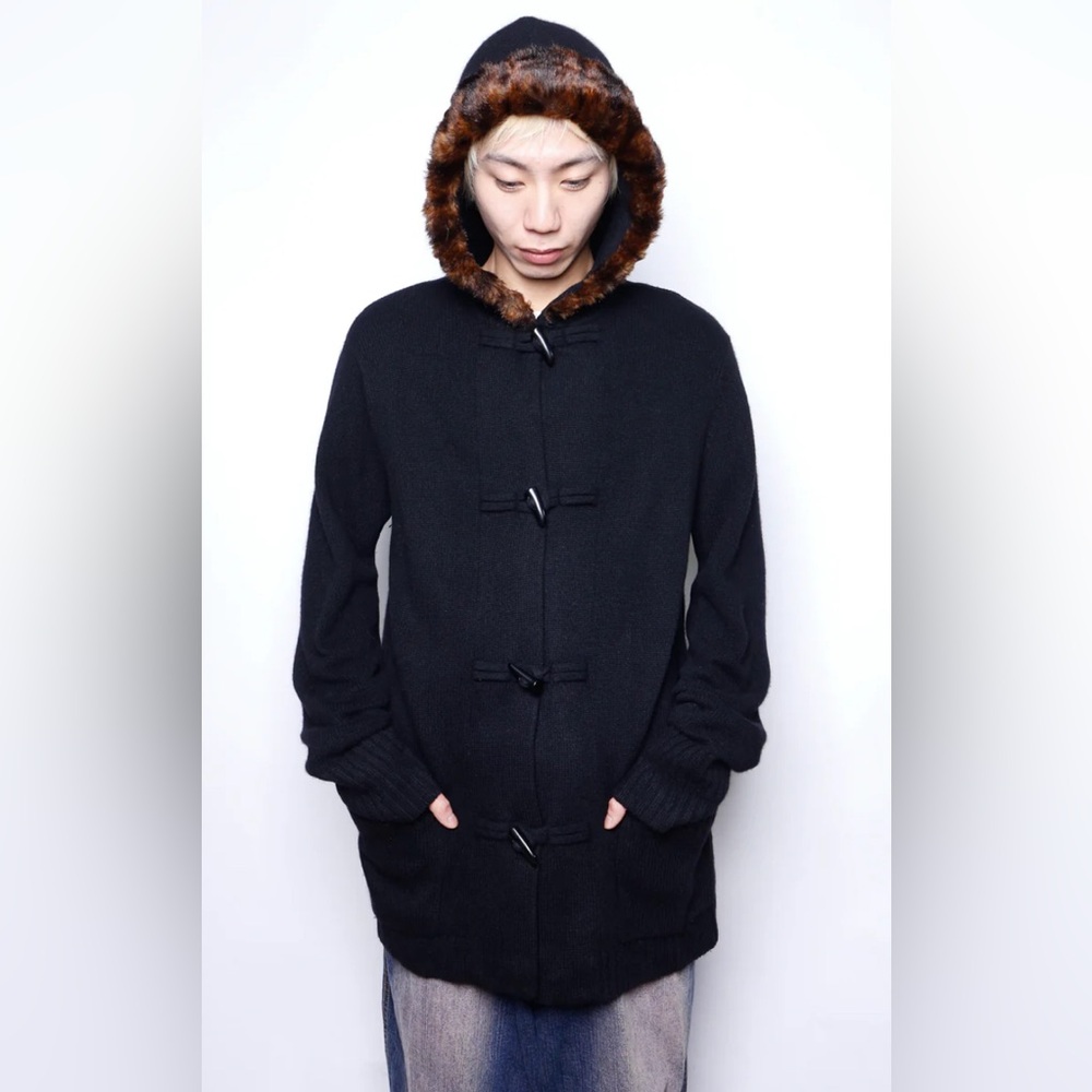 Vintage Ralph Lauren Wool Cashmere Angora Toggle Sweater Jacket w FFur Hood Sz M